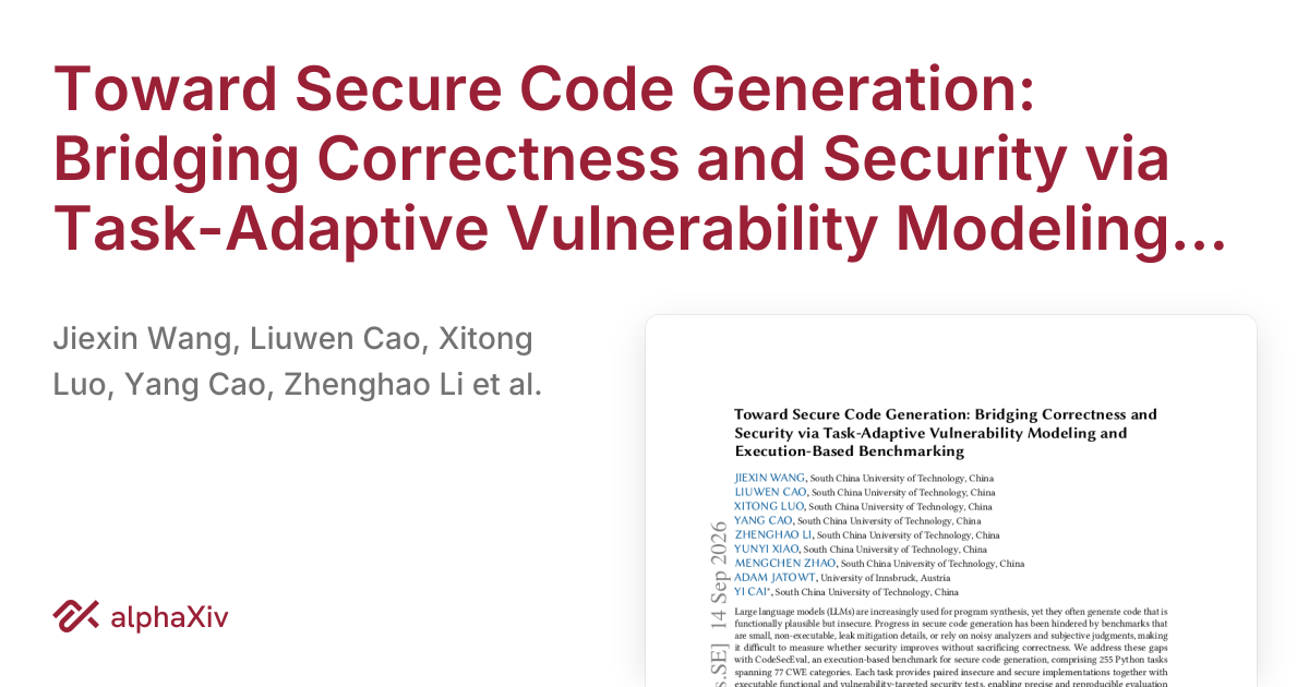 Toward Secure Code Generation: Bridging Correctness and Security via Task-Adaptive Vulnerability Mod — alphaxiv.org article thumbnail